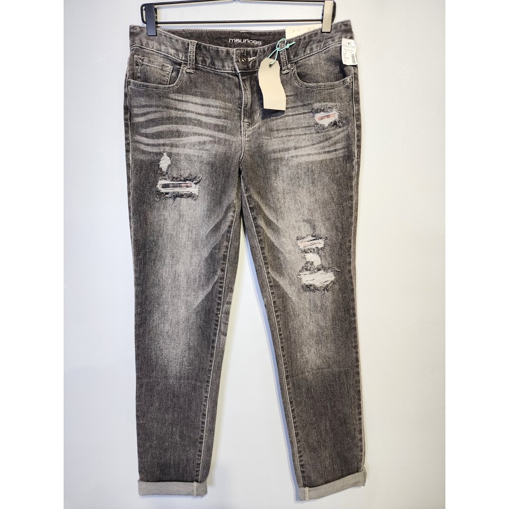 Maurices Womens 7/8 Gray‎ Denim Flex Boyfriend Fit Skinny Cuffed Bottom Distress